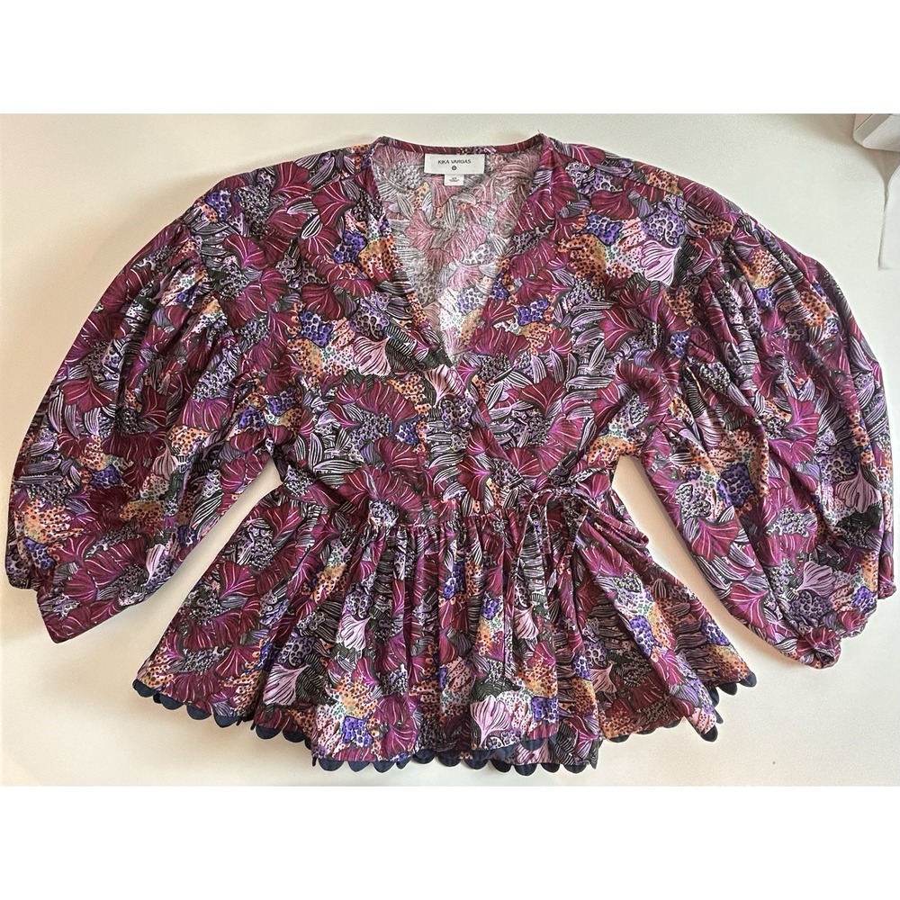 KIKA VARGAS Top Women XS Floral Wrap Around Scalloped Hem Puff Sleeves Blouse
